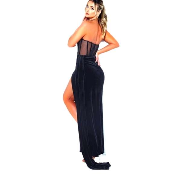 Black Corset High Slit Velvet Gown Sexy Winter Dress Women's Formal - Picture 7 of 16